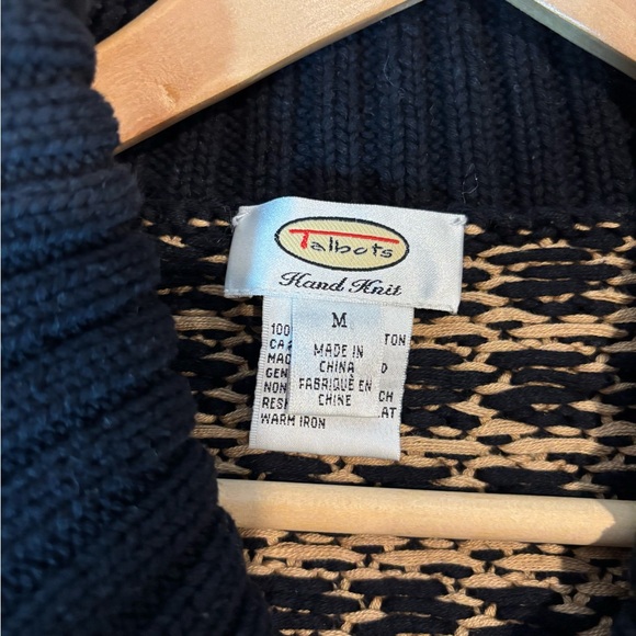 TALBOTS hand-knit shawl collar black & tan/camel cardigan 100% sweater Medium. - Picture 2 of 7